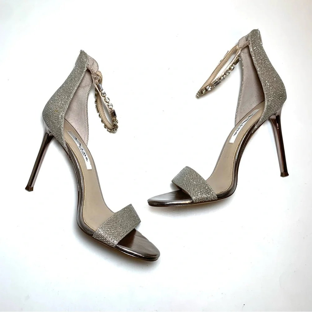 Nina Sparkly Stilettos Diamante Rhinestone Ankle Strap Sandal Open Toe Size 8.5
